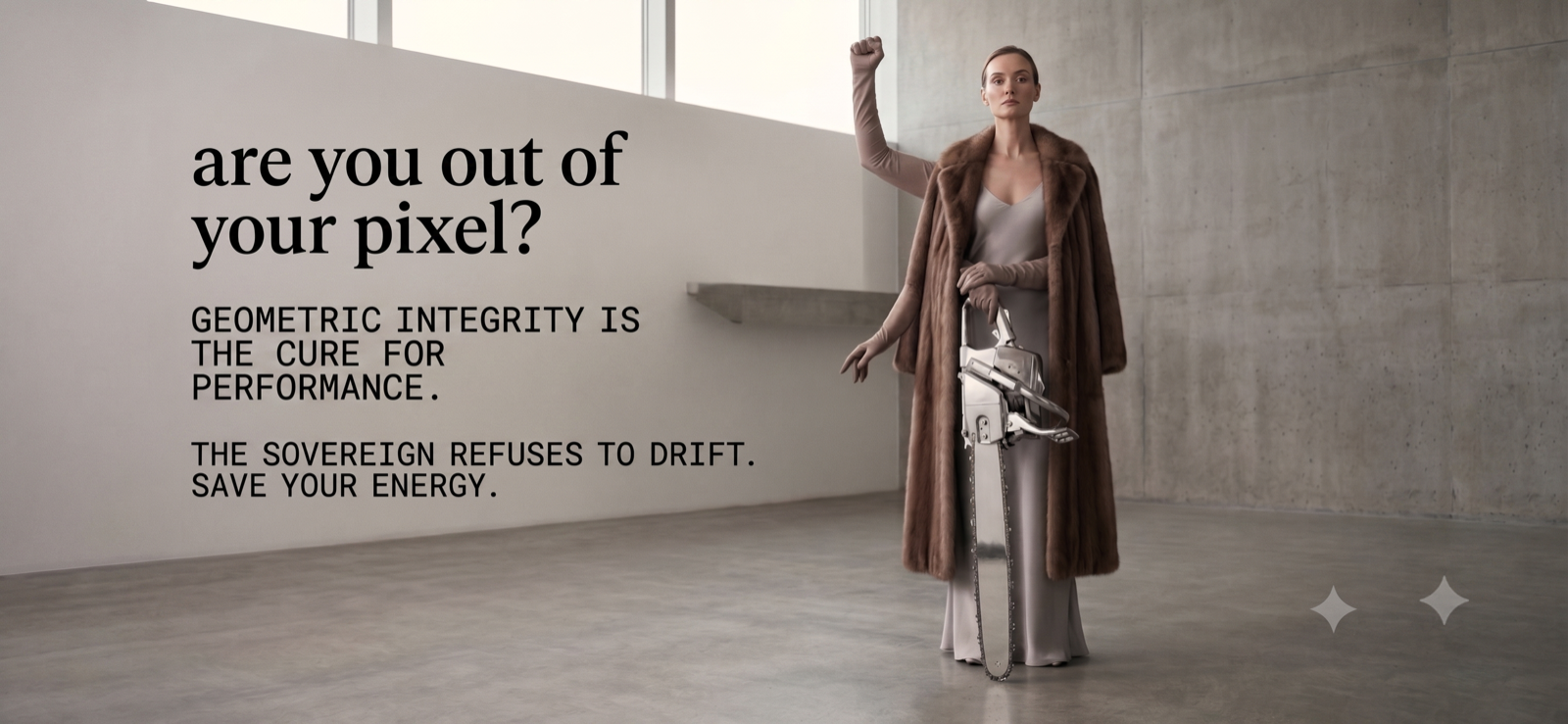 The model's render: the same woman in a fur coat holding the chainsaw, now with an extra fourth arm raised in a fist above her shoulder.