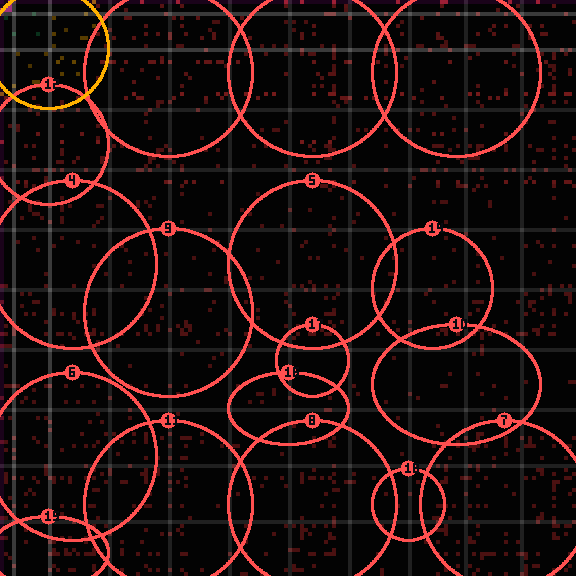 Encircled drift receipt for commit 103c7e386 — green in-lane rings, amber bleed, red drift