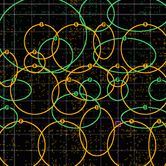 Encircled drift receipt for commit 23d1febb3 — green in-lane rings, amber bleed, red drift