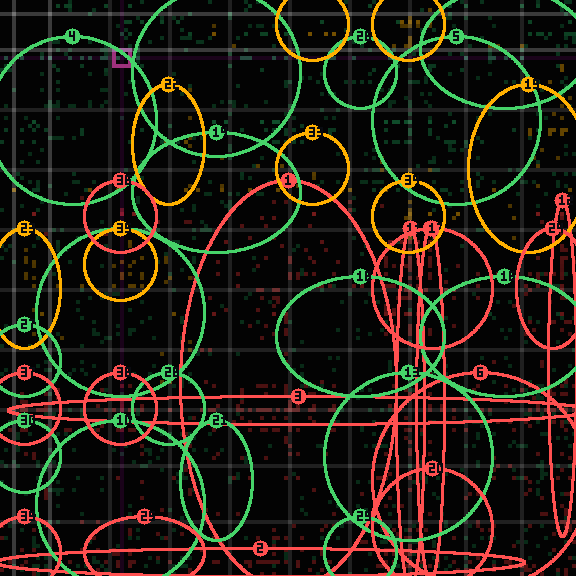 Encircled drift receipt for commit 2fa21df0d — green in-lane rings, amber bleed, red drift