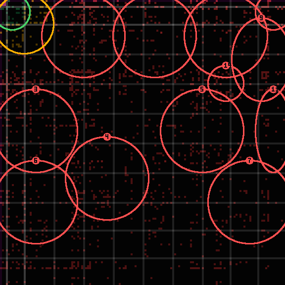 Encircled drift receipt for commit 4d44748e1 — green in-lane rings, amber bleed, red drift