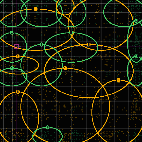 Encircled drift receipt for commit a10cde386 — green in-lane rings, amber bleed, red drift