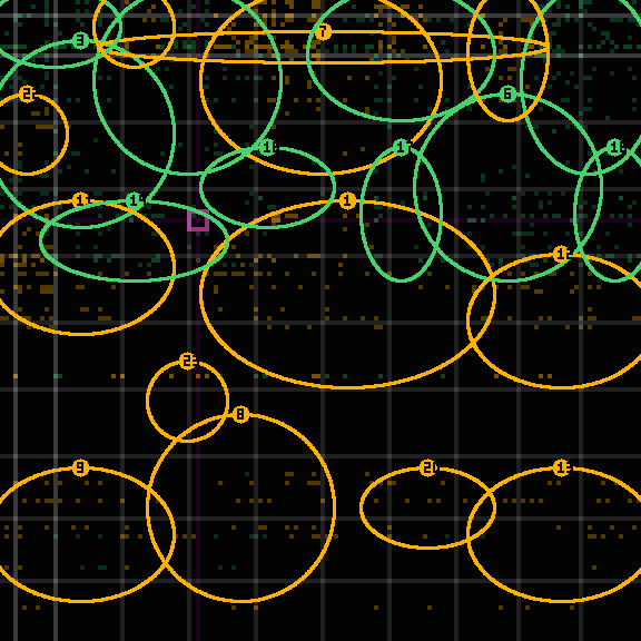 Encircled drift receipt for commit bff7146bf — green in-lane rings, amber bleed, red drift