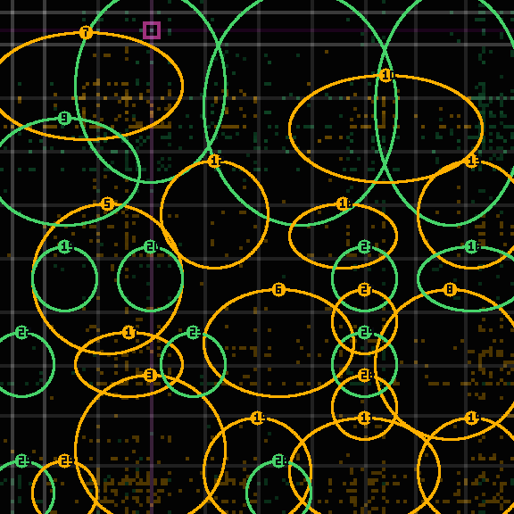 Encircled drift receipt for commit e5faa68e2 — green in-lane rings, amber bleed, red drift