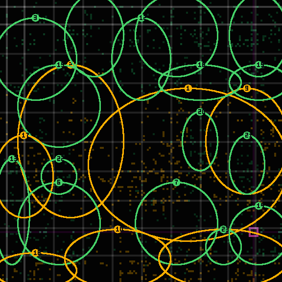 Encircled drift receipt for commit e7ecb752e — green in-lane rings, amber bleed, red drift
