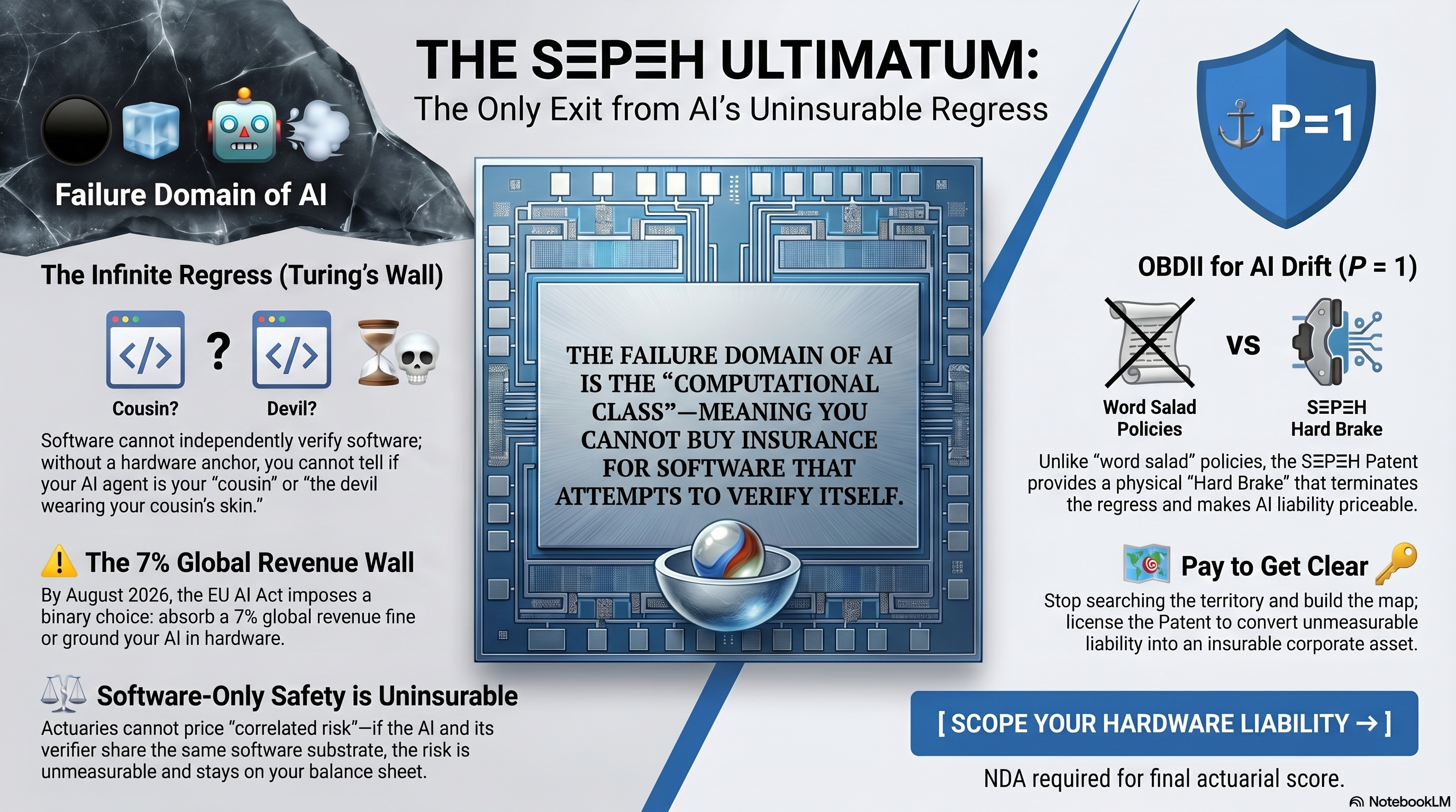 THE S=P=H ULTIMATUM: THE ONLY EXIT FROM AI'S UNINSURABLE REGRESS